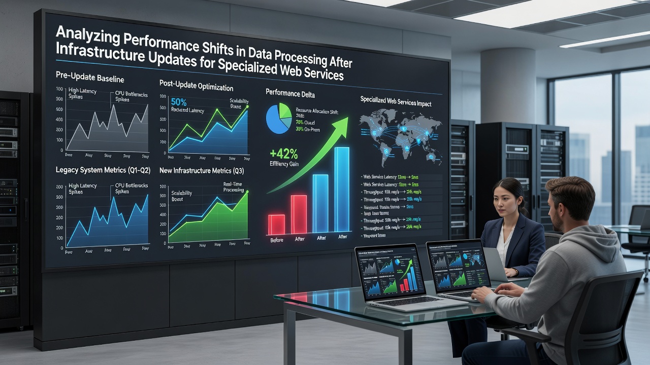 Team of analysts reviewing server logs and performance dashboards in a data center environment